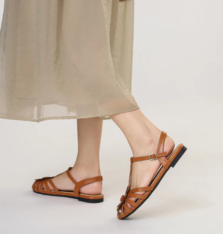 Summer Flat Sandals for Women Braided Hollow Closed-toe Sandals Outdoor Wear Breathable Holiday Roman Shoes sandalias de mujer