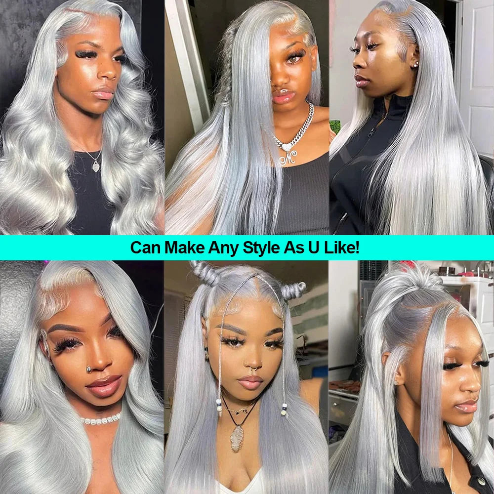 38 Inche Silver Grey Straight Lace Front Wig 100% Human Hair 613 Colored HD Transparent 13x6 Lace Frontal Wigs Cosplay Pre Pluck