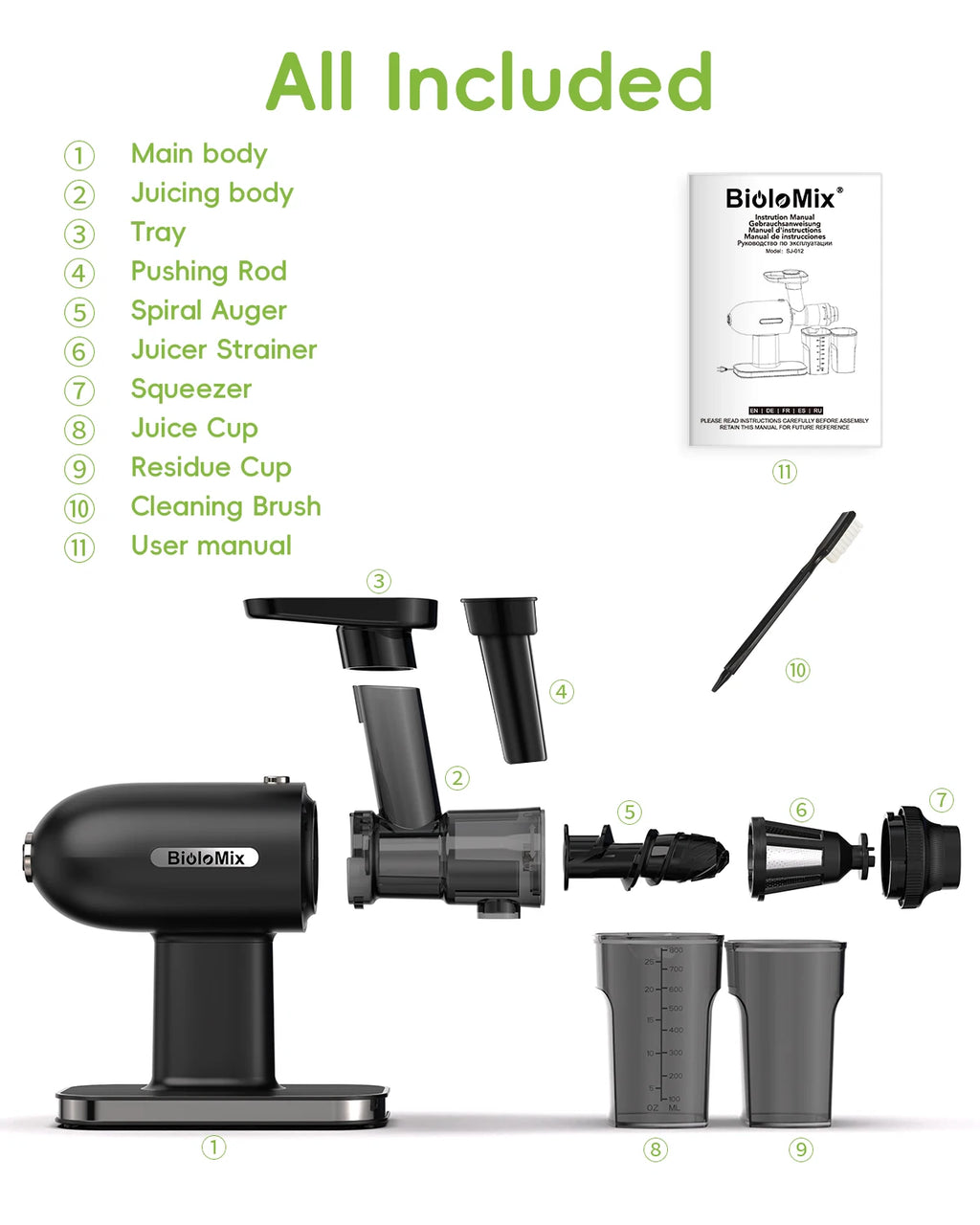BioloMix Cold Press Juicer,Slow Masticating Juicer Machines with Reverse Function,High Juice Yield, Easy to Clean Brush & Quiet