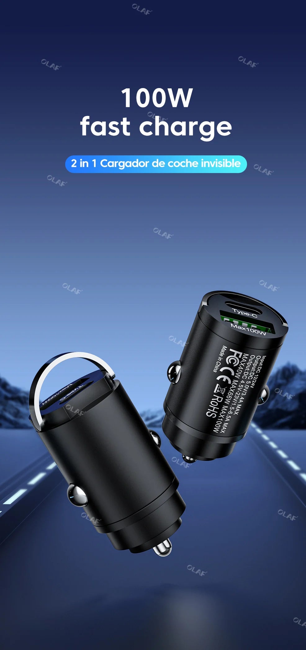 Olaf 100W Mini Car Charger Lighter Fast Charging for iPhone QC3.0 Mini PD USB Type C Car Phone Charger for Xiaomi Samsung Huawei