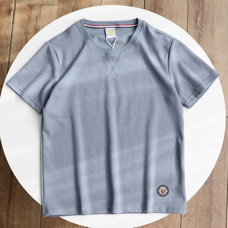 Summer New American Retro Waffle Microchapter T-shirt Men's Fashion Simple Washed Short Sleeve O-neck Casual Loose Youth Tops