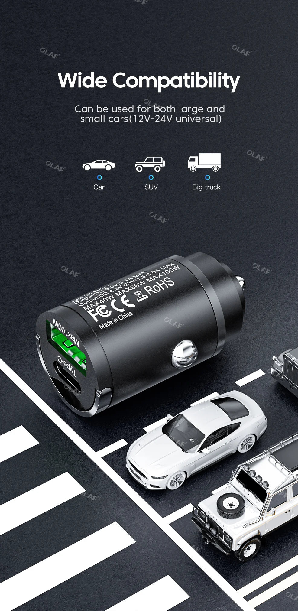 Olaf 100W Mini Car Charger Lighter Fast Charging for iPhone QC3.0 Mini PD USB Type C Car Phone Charger for Xiaomi Samsung Huawei