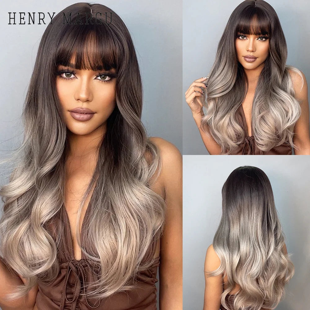 HENRY MARGU Light Brown Long Natural Wavy Wig Synthetic Hair Wig with Bangs for Women Daily Wear Hear Resistant Party Fake Hair