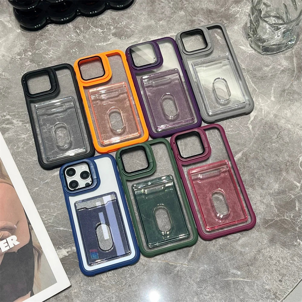 Transparent Card Slot Bag Holder Case For iPhone 17 16 15 14 13 12 11 Pro Max Shockproof Camera Lens Stand Protector Clear Cover