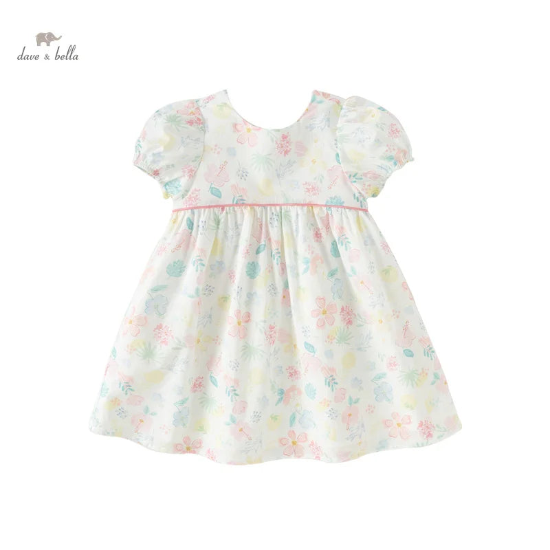 Dave Bella Girl's Princess Dress 2024 New Summer Children's Baby Short Sleeves Cotton Floral Cute Sweet Fashion Casual DB2240954