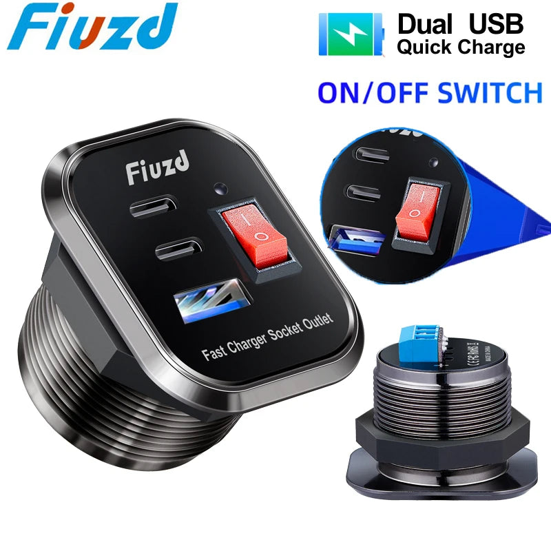 12V USB Outlet 36W Dual PD USB-C Port Quick Charge 3.0 Car USB Charger Socket Power Outlet w/ Voltmeter Switch