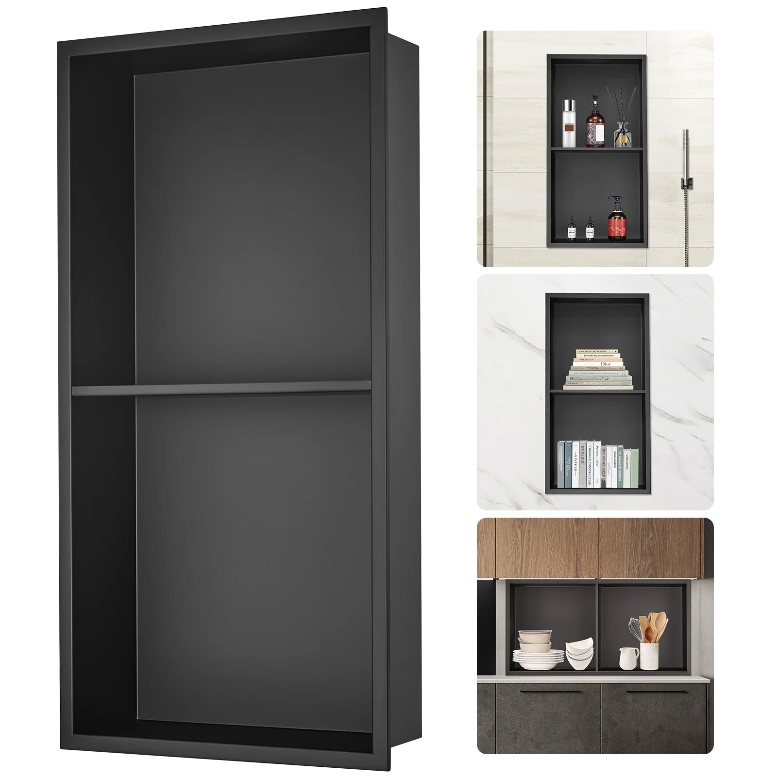 SucceBuy No Tile Shower Niche 304Stainless Steel Wall Inserted Niche Recessed Double Shelves for Shower or Soap Storage Bathroom