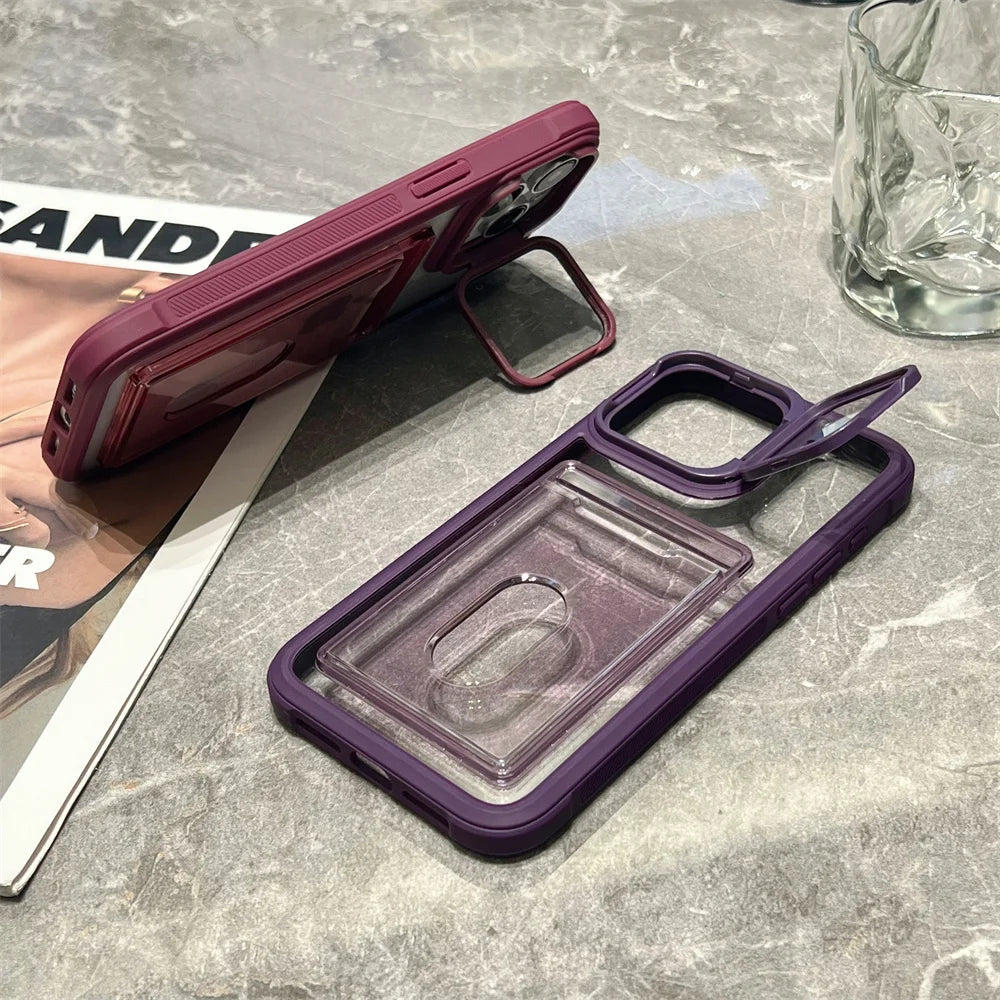 Transparent Card Slot Bag Holder Case For iPhone 17 16 15 14 13 12 11 Pro Max Shockproof Camera Lens Stand Protector Clear Cover