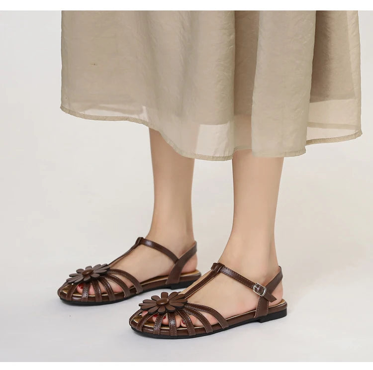 Summer Flat Sandals for Women Braided Hollow Closed-toe Sandals Outdoor Wear Breathable Holiday Roman Shoes sandalias de mujer