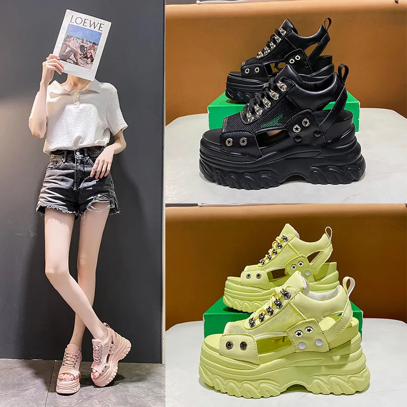 Pink 8CM High Heels Women Summer Platform Sandals Breathable Wedges Ladies Beach Mesh Slippers Chunky Rome Shoes Sandalias Mujer