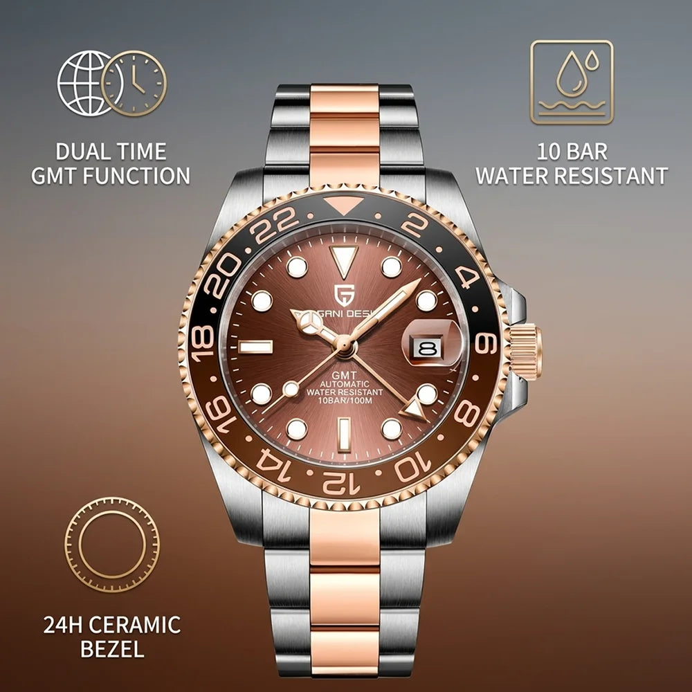 PAGANI DESIGN 40mm Luxury Men Mechanical Wristwatch Stainless Steel GMT Watch Top Brand Sapphire Glass Men Watches Reloj Hombre