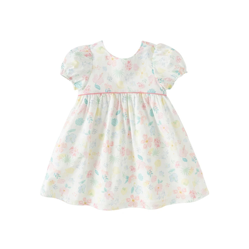 Dave Bella Girl's Princess Dress 2024 New Summer Children's Baby Short Sleeves Cotton Floral Cute Sweet Fashion Casual DB2240954