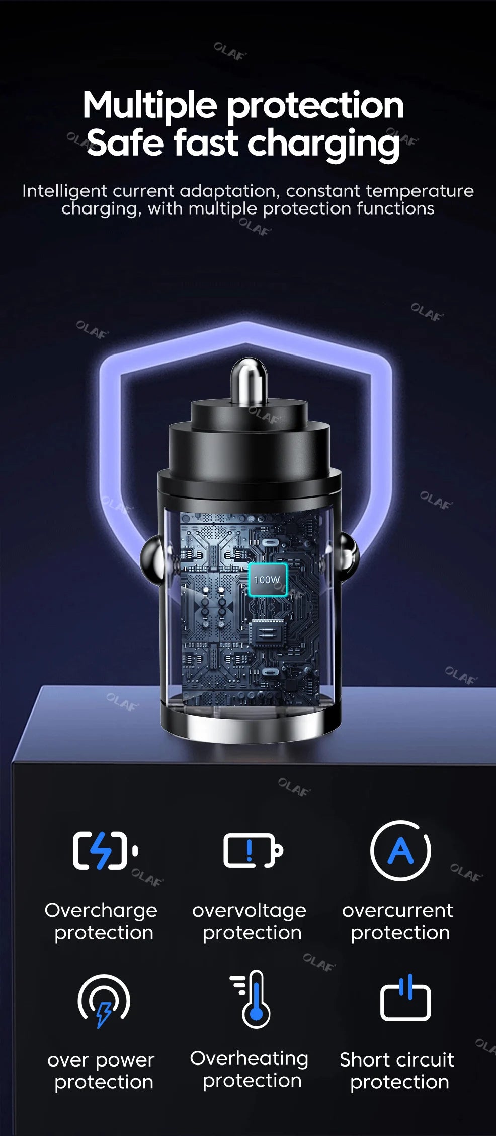 Olaf 100W Mini Car Charger Lighter Fast Charging for iPhone QC3.0 Mini PD USB Type C Car Phone Charger for Xiaomi Samsung Huawei