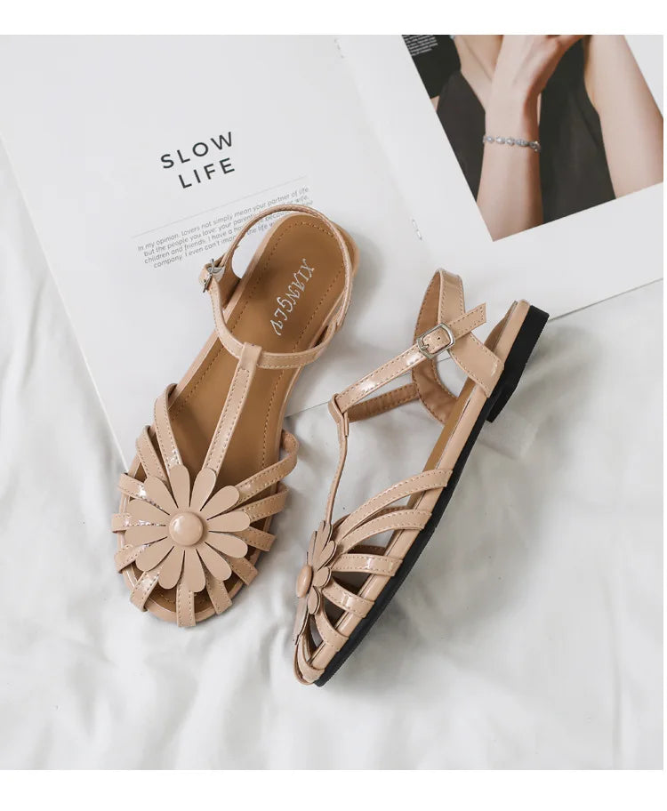 Summer Flat Sandals for Women Braided Hollow Closed-toe Sandals Outdoor Wear Breathable Holiday Roman Shoes sandalias de mujer