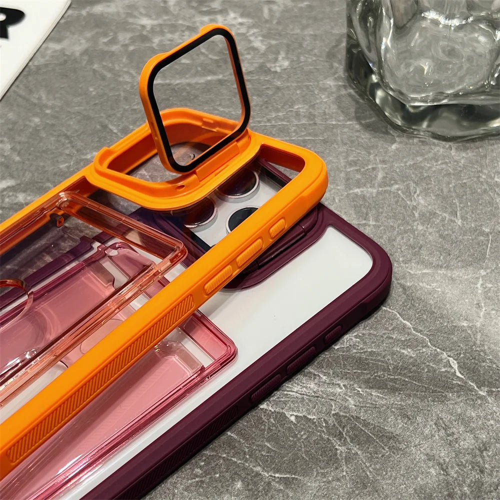 Transparent Card Slot Bag Holder Case For iPhone 17 16 15 14 13 12 11 Pro Max Shockproof Camera Lens Stand Protector Clear Cover