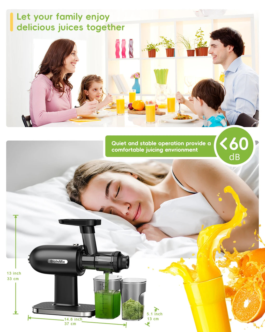 BioloMix Cold Press Juicer,Slow Masticating Juicer Machines with Reverse Function,High Juice Yield, Easy to Clean Brush & Quiet