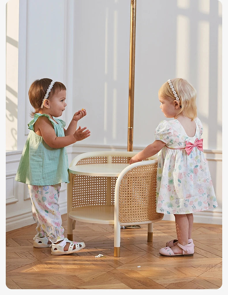Dave Bella Girl's Princess Dress 2024 New Summer Children's Baby Short Sleeves Cotton Floral Cute Sweet Fashion Casual DB2240954