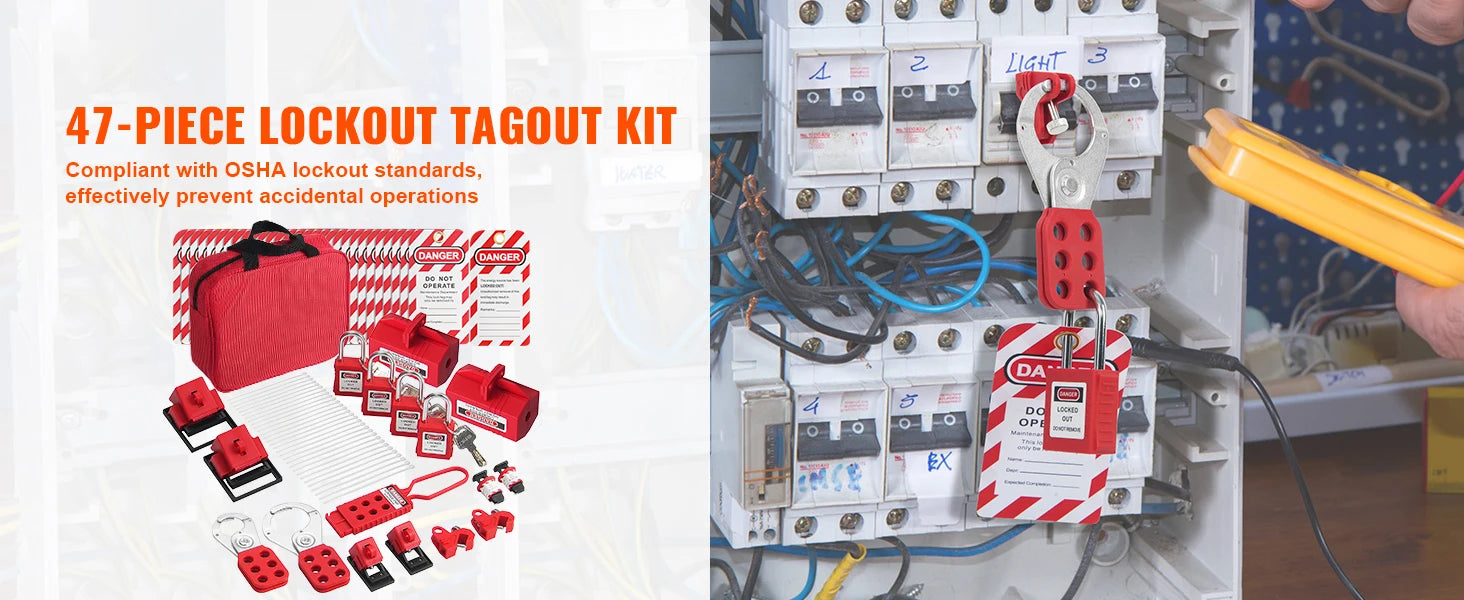SucceBuy Electrical Lockout Tagout Kit 47 PCS Safety Loto Kit w/ Padlocks Hasps Tags Nylon Ties Plug Lockouts Circuit Breaker