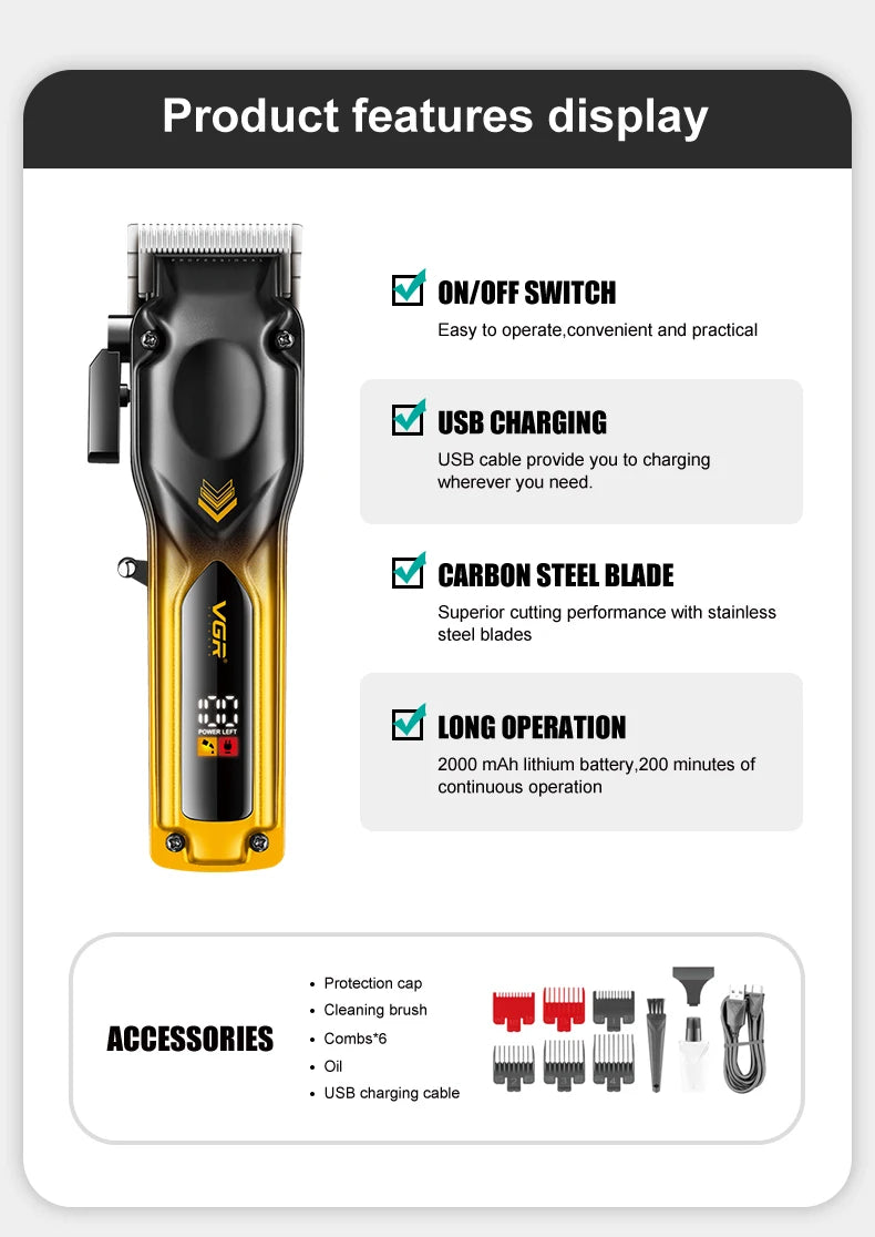 VGR hair clipper gradient color body high-end hair trimmer intelligent LCD digital display high-speed electric push shear V-656