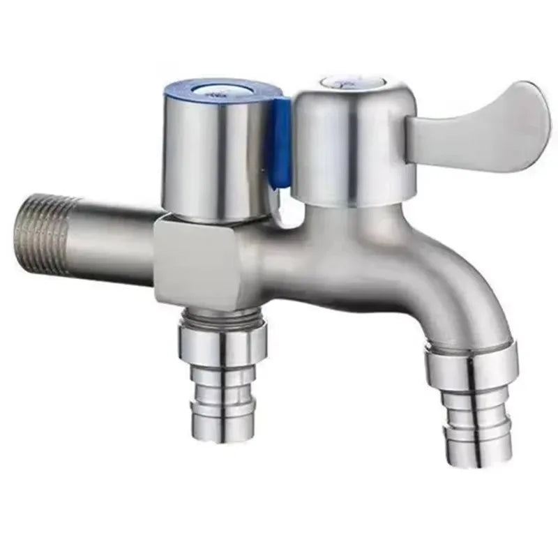 Stainless Steel Faucet Double Outlet Dual Control Water Tap One in Two Out Faucet 1/2" Bidet Faucets Bathroom Accessories