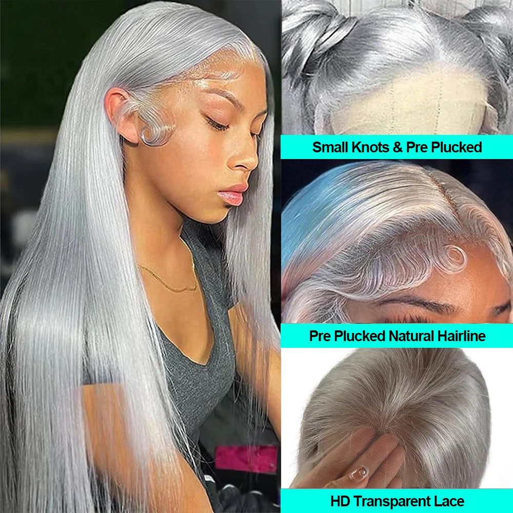 38 Inche Silver Grey Straight Lace Front Wig 100% Human Hair 613 Colored HD Transparent 13x6 Lace Frontal Wigs Cosplay Pre Pluck