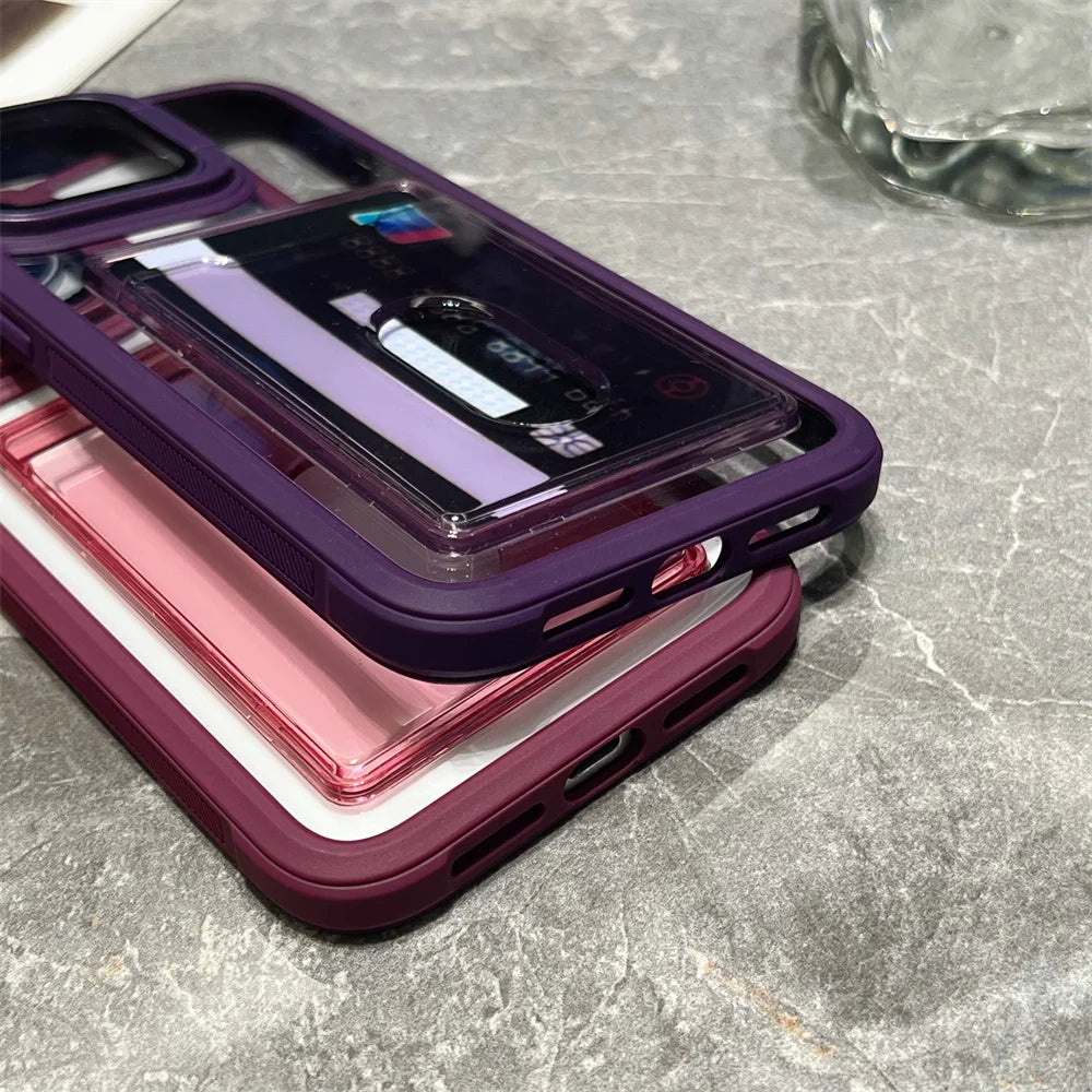 Transparent Card Slot Bag Holder Case For iPhone 17 16 15 14 13 12 11 Pro Max Shockproof Camera Lens Stand Protector Clear Cover
