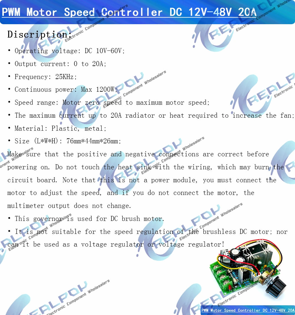 DC motor speed regulator 12V 24V 36V 48V 6-90V High power drive module PWM Motor speed controller 10A/15A/20A current regulator