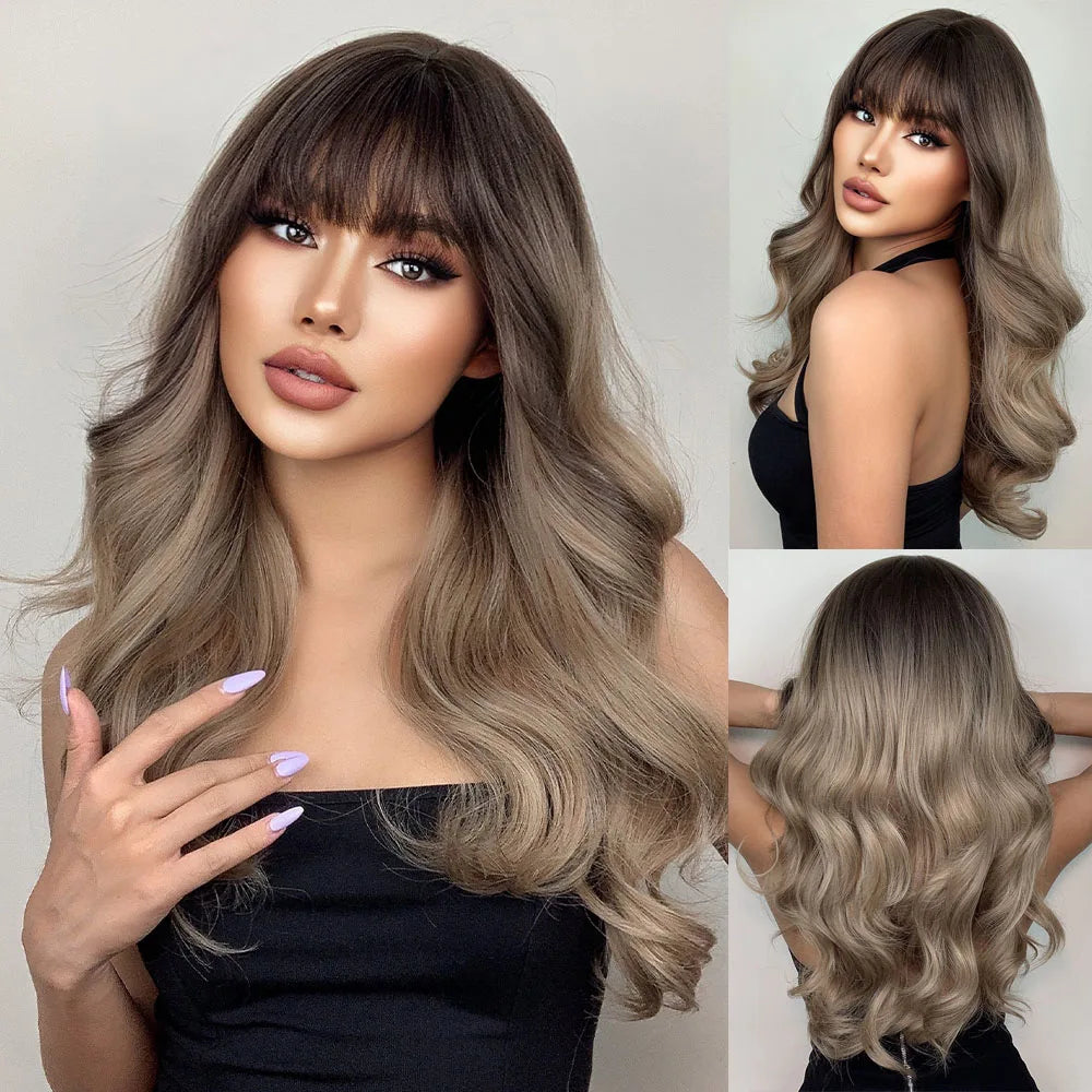 HENRY MARGU Light Brown Long Natural Wavy Wig Synthetic Hair Wig with Bangs for Women Daily Wear Hear Resistant Party Fake Hair