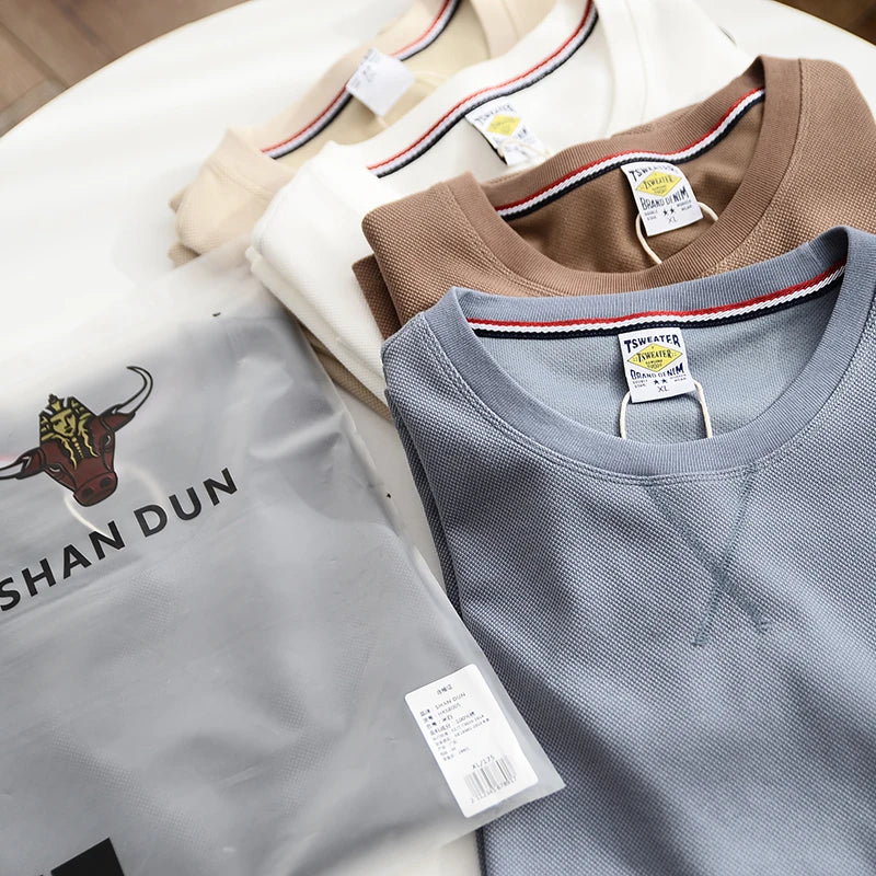Summer New American Retro Waffle Microchapter T-shirt Men's Fashion Simple Washed Short Sleeve O-neck Casual Loose Youth Tops