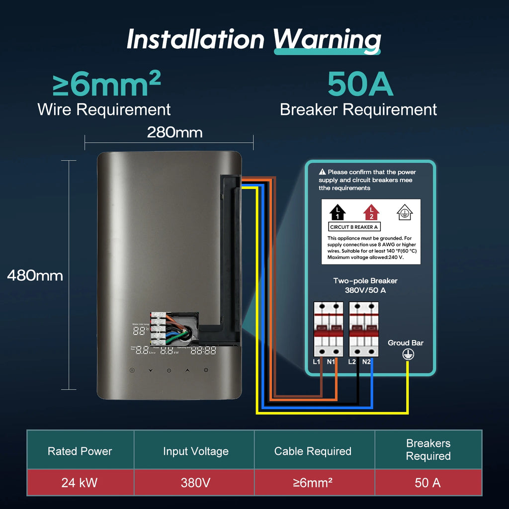 380V 24KW 3 Phase Tankless Electric Water Heater Whole House Instant Hot Water Large Flow Fast Heating Constant Temperature
