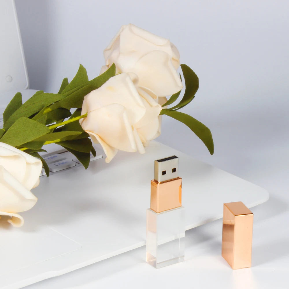 JASTER Creative Pen Drive Crystal 128GB Gold 64GB Rose USB Flash Drive 32GB Wedding Photography Exquisite Transparent Gift Box