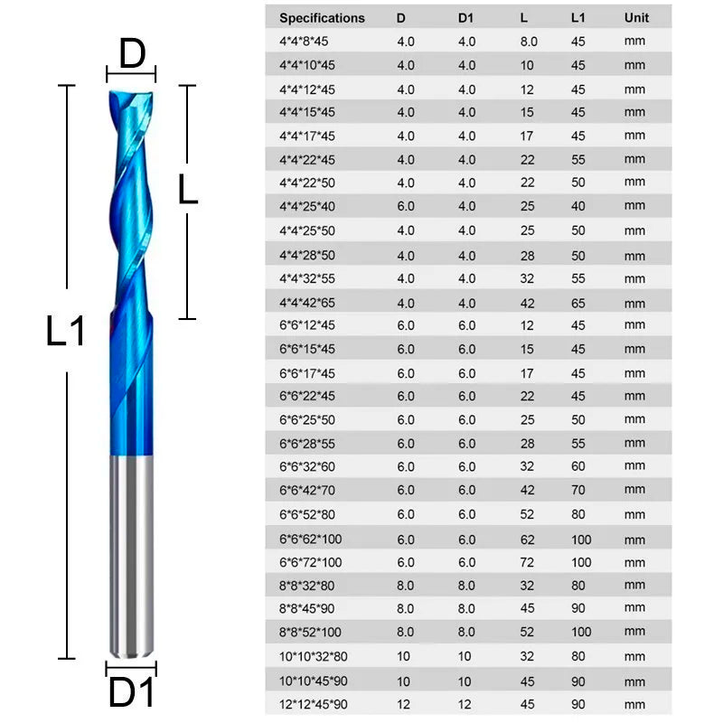 Router Bits 2 Flute End Mill 3.175/4/6/8/10/12mm Shank Flat Milling Cutter Nano Blue Coated Carbide Milling Tools