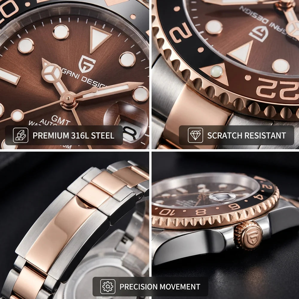 PAGANI DESIGN 40mm Luxury Men Mechanical Wristwatch Stainless Steel GMT Watch Top Brand Sapphire Glass Men Watches Reloj Hombre