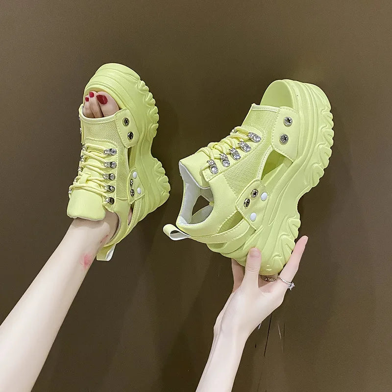 Pink 8CM High Heels Women Summer Platform Sandals Breathable Wedges Ladies Beach Mesh Slippers Chunky Rome Shoes Sandalias Mujer