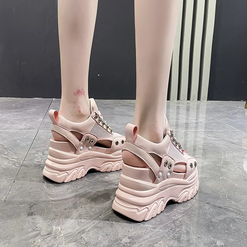 Pink 8CM High Heels Women Summer Platform Sandals Breathable Wedges Ladies Beach Mesh Slippers Chunky Rome Shoes Sandalias Mujer