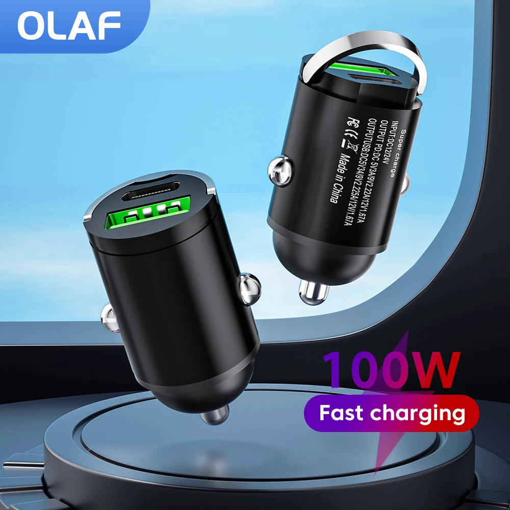 Olaf 100W Mini Car Charger Lighter Fast Charging for iPhone QC3.0 Mini PD USB Type C Car Phone Charger for Xiaomi Samsung Huawei