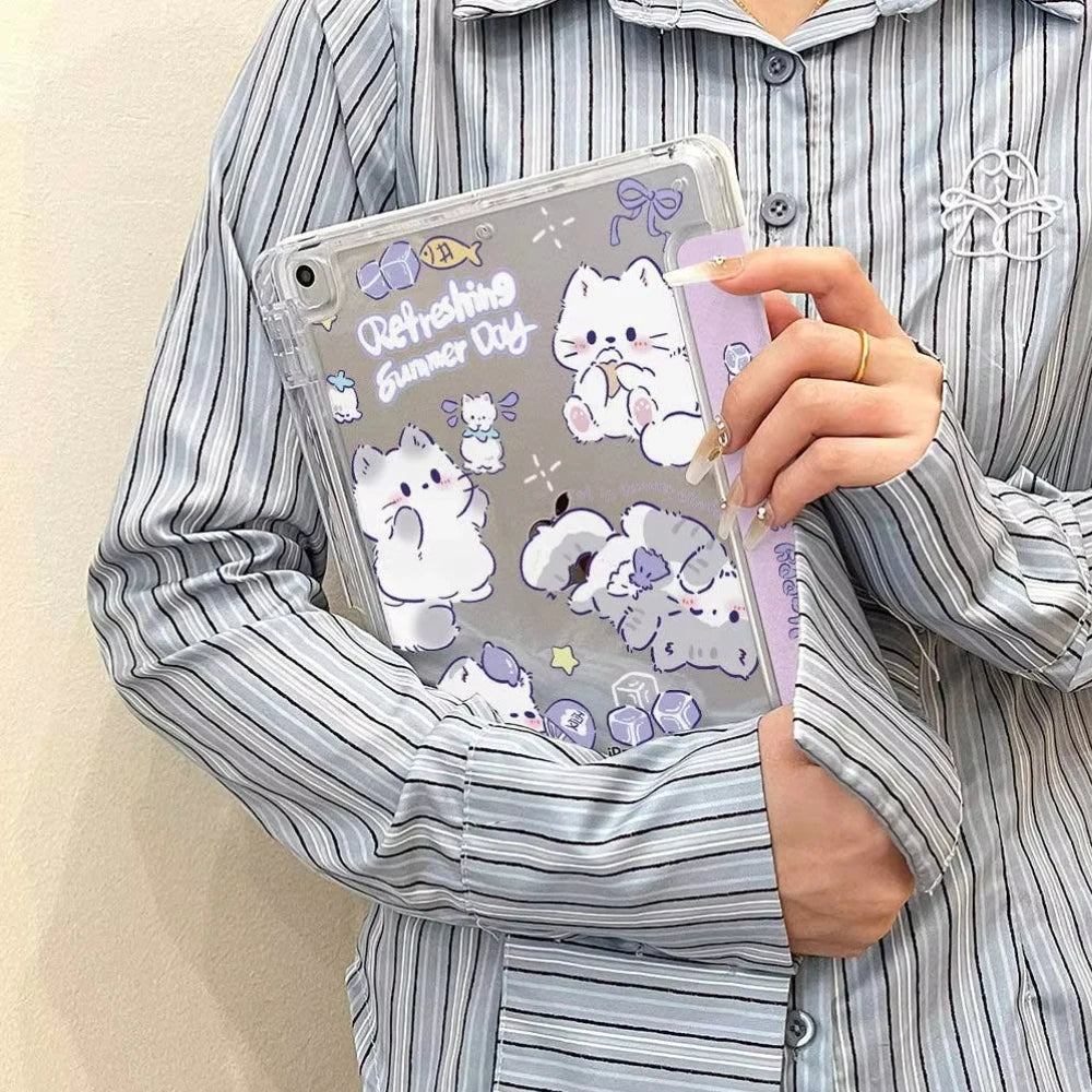 3+Y Type Cute Cat Case with Pencil Holder For 2025 IPad 11th A16 Pro Air 13 11 M3 M2 M4 2025 12.9 " 9 8 7 6 5 4 10Th Mini 7 6