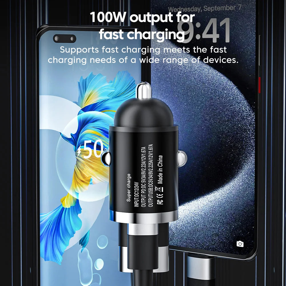 Olaf 100W Mini Car Charger Lighter Fast Charging for iPhone QC3.0 Mini PD USB Type C Car Phone Charger for Xiaomi Samsung Huawei