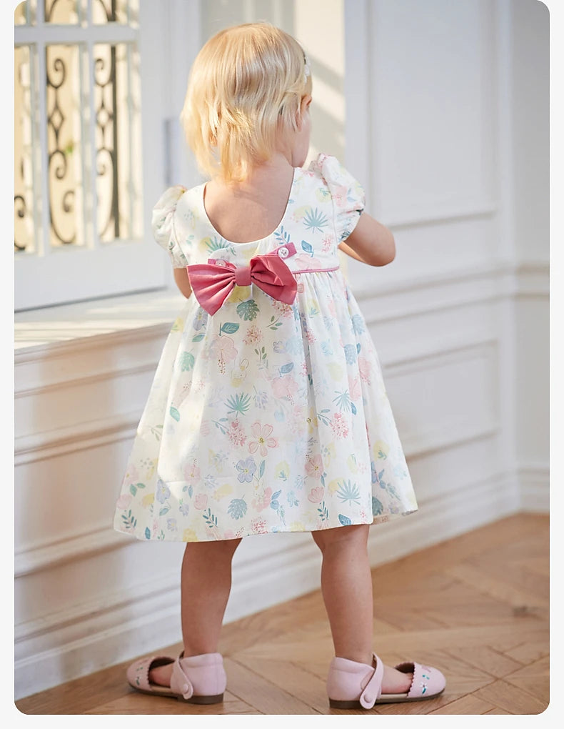 Dave Bella Girl's Princess Dress 2024 New Summer Children's Baby Short Sleeves Cotton Floral Cute Sweet Fashion Casual DB2240954