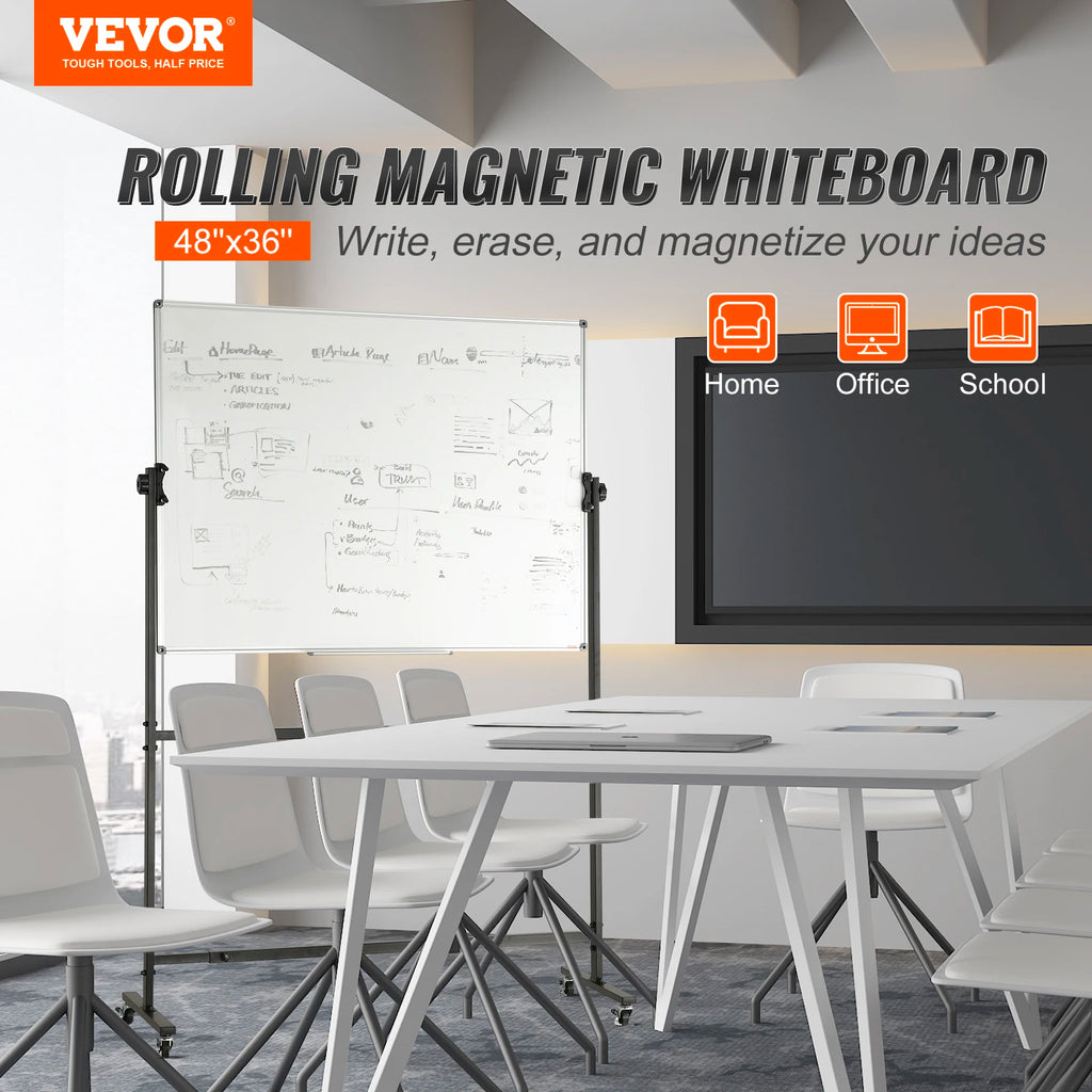 SucceBuy Rolling Magnetic Whiteboard Double-Sided Mobile Whiteboard 360° Reversible Adjustable Height Dry Erase Board for School