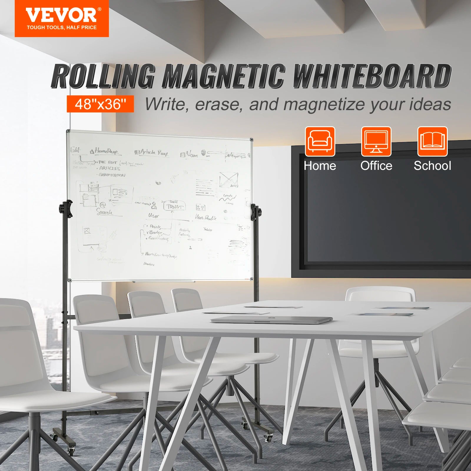 SucceBuy Rolling Magnetic Whiteboard Double-Sided Mobile Whiteboard 360° Reversible Adjustable Height Dry Erase Board for School