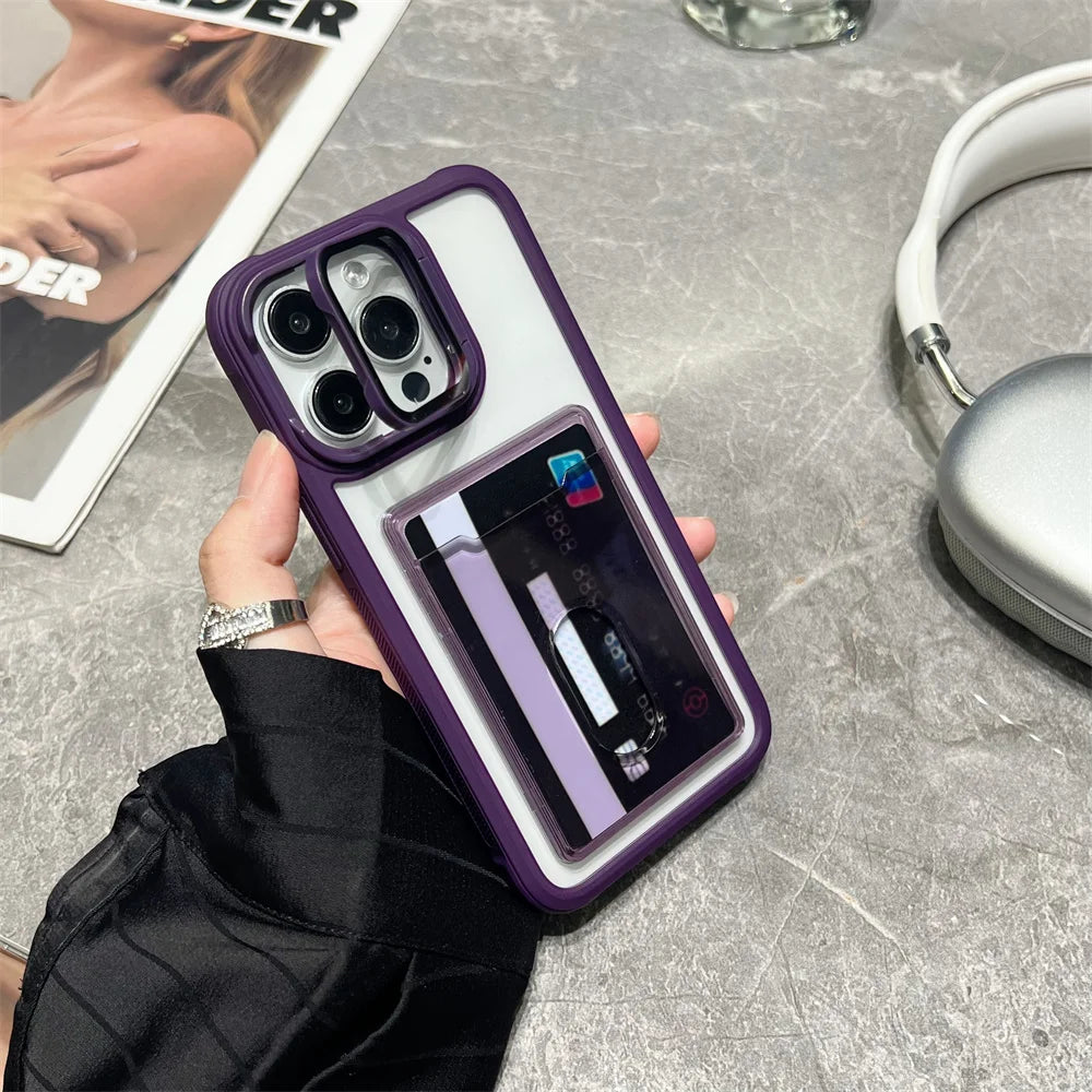 Transparent Card Slot Bag Holder Case For iPhone 17 16 15 14 13 12 11 Pro Max Shockproof Camera Lens Stand Protector Clear Cover
