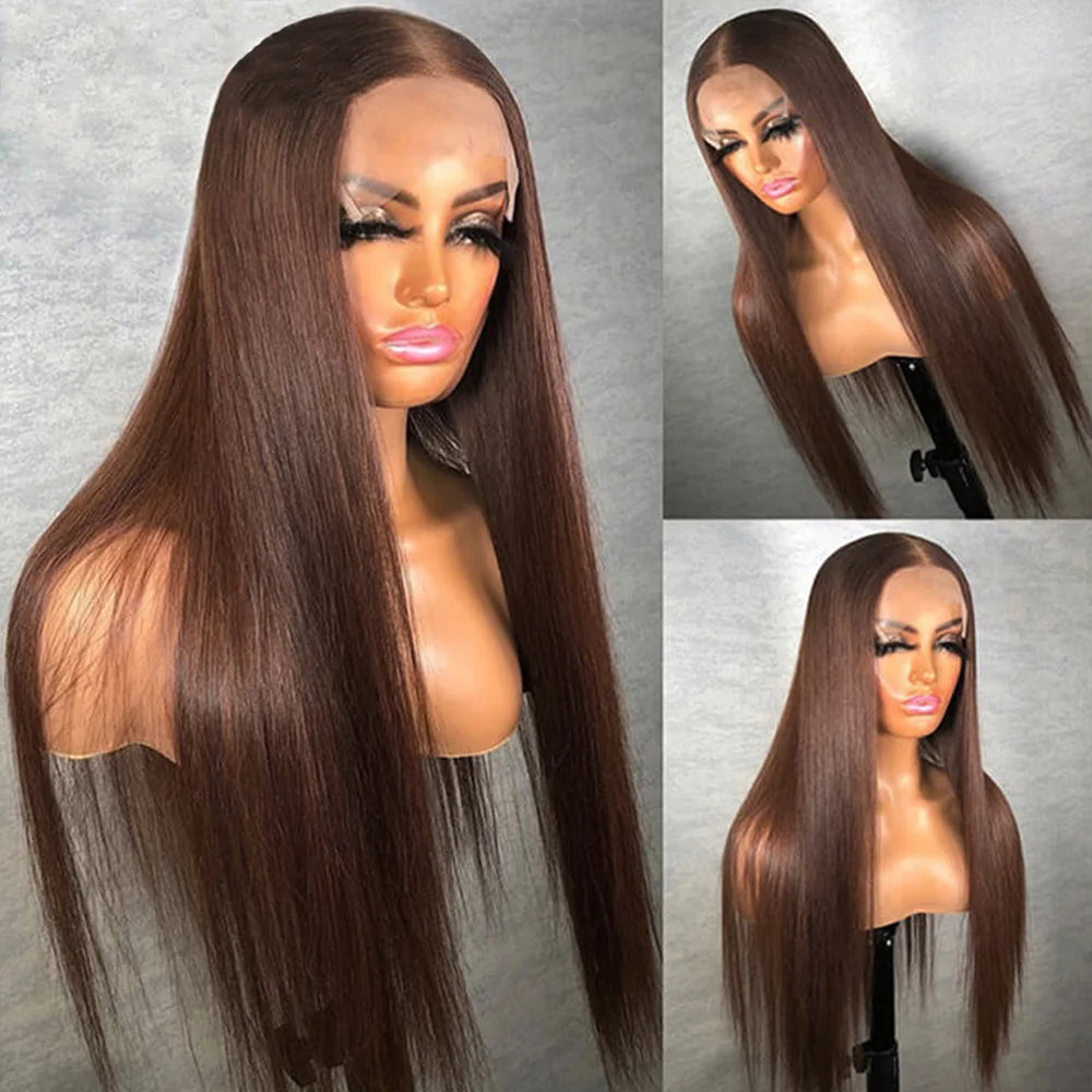 Dark Brown Human Hair Wigs Straight 13x4 Lace Front Wigs Chocolate Brown Transparent Lace Frontal Wigs Human Hair 180% Density