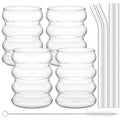 Leeseph 4Pcs Creative Glass Cups Coffee Mug Vintage Drinking Glasses Ribbed Glassware Aesthetic Cups with Straws Set