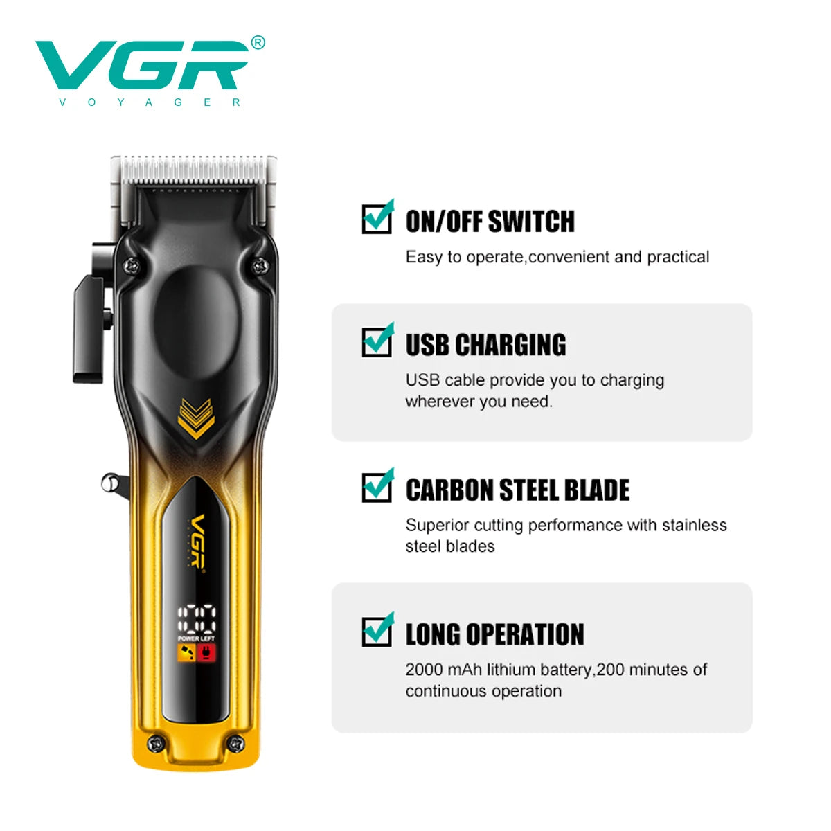 VGR hair clipper gradient color body high-end hair trimmer intelligent LCD digital display high-speed electric push shear V-656