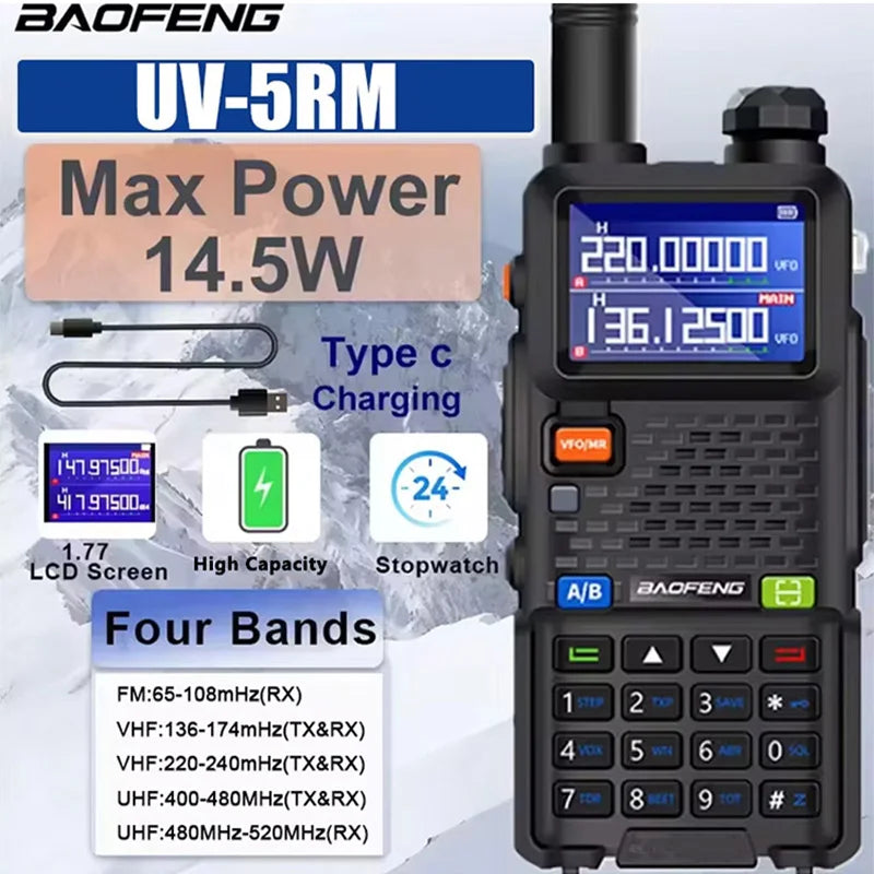 UV-5RM High Capacity Battery USB-C 10W Baofeng Walkie Talkie FM Band Wirless Copy Frequency 999CH AM Two Way Radios Update UV-5R