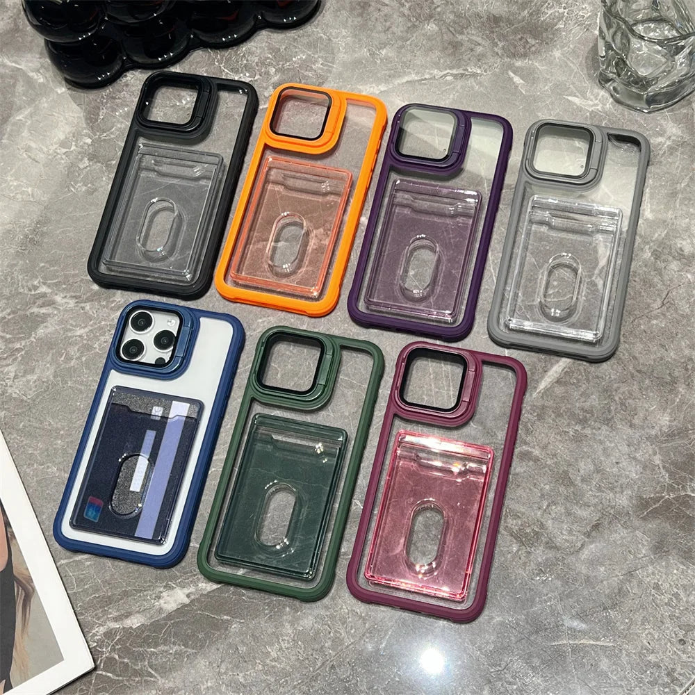 Transparent Card Slot Bag Holder Case For iPhone 17 16 15 14 13 12 11 Pro Max Shockproof Camera Lens Stand Protector Clear Cover