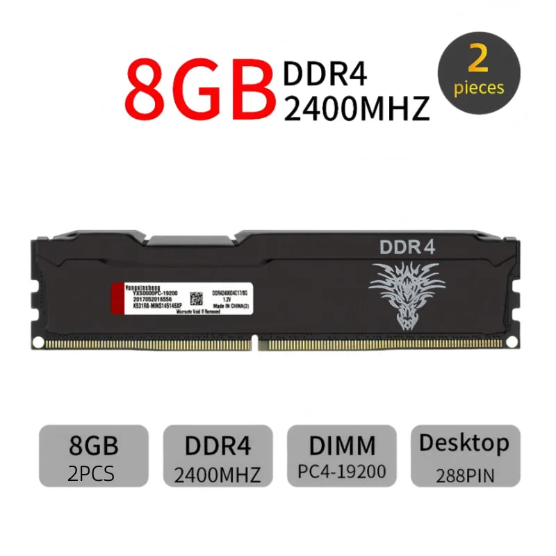 Yongxinsheng 16GB 2X8GB DDR4 RAM 2400MHz 288PIN 1RX8 Desktop Memory RAM PC4-19200MHz Cooling Vest Stick