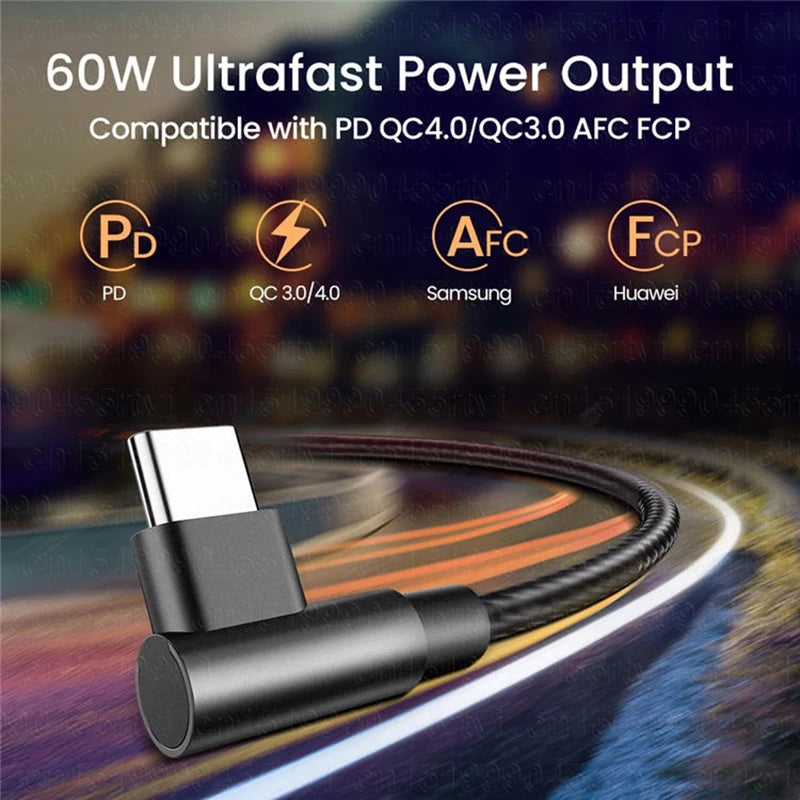 100W 90 Degrees Type C to USB C Cable for iPhone 15 Pro max plus ipad Pro Fast Charging PD QC 4.0 3.2 USB-C Type C Gaming Cable