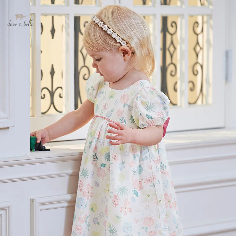 Dave Bella Girl's Princess Dress 2024 New Summer Children's Baby Short Sleeves Cotton Floral Cute Sweet Fashion Casual DB2240954